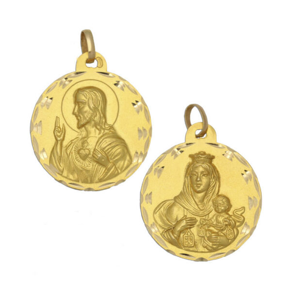 Medalla Escapulario Sagrado Corazón - Virgen del Carmen Oro 18k de 17mm de diámetro Diamantado clásico circular