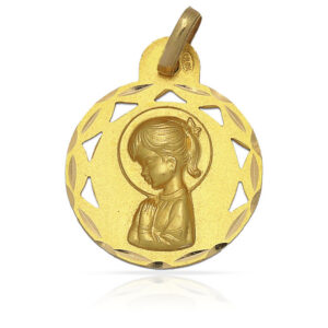 Medalla de Oro Calada Virgen Niña Colita de 17mm de diámetro Diamantado Clásico Circular