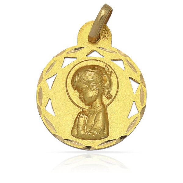Medalla de Oro Calada Virgen Niña Colita de 17mm de diámetro Diamantado Clásico Circular