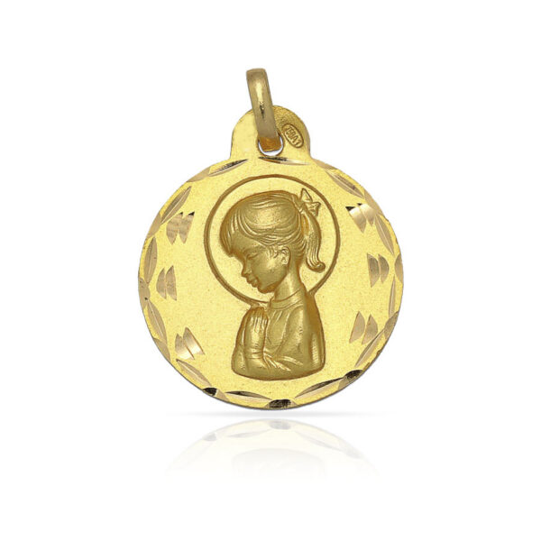 Medalla Virgen Niña Colita Oro 18k de 15mm de diámetro Diamantado Clásico Circular - Imagen 2