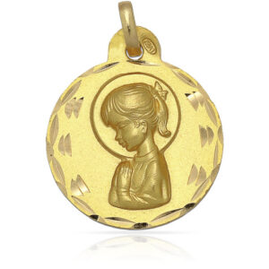 Medalla Virgen Niña Colita Oro 18k de 19mm de diámetro Diamantado Clásico Circular