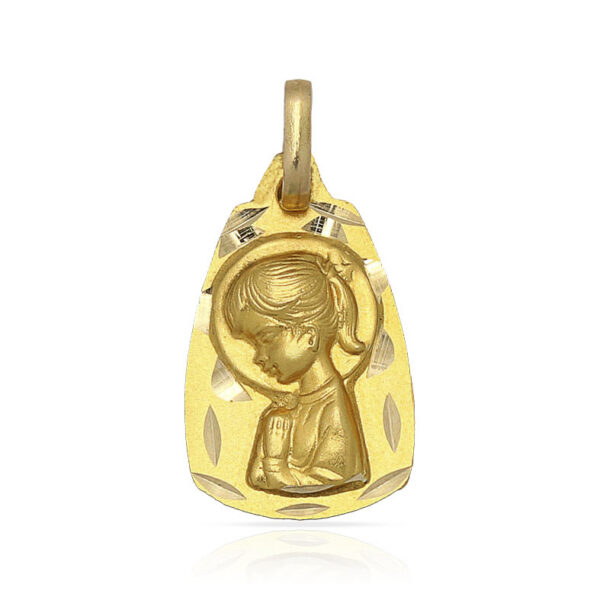 Medalla Virgen Niña Colita Oro 18k de forma Capilla 16x11mm tallada