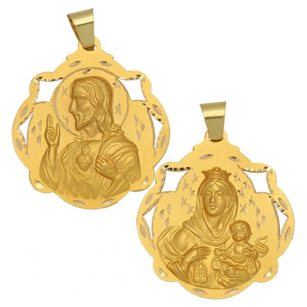 Medalla-Escapulario-Calado-Pandereta-Virgen-Carmen-Sagrado-Corazon-41mm-Oro
