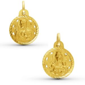 Medalla Escapulario Calado Sagrado Corazón - Virgen del Carmen Oro 18k de 18mm de diámetro Diamantado en Hélice