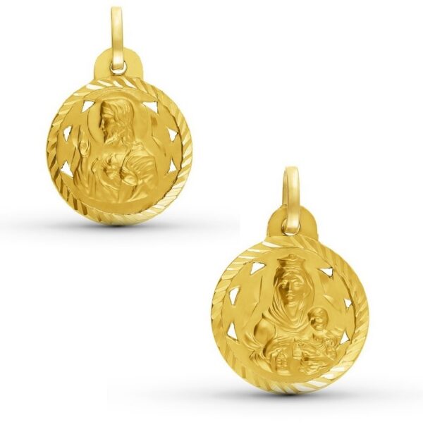 Medalla Escapulario Calado Sagrado Corazón - Virgen del Carmen Oro 18k de 18mm de diámetro Diamantado en Hélice