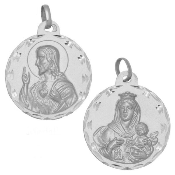 Medalla Escapulario Virgen Carmen Sagrado Corazon Redondo 25mm Diamantado clasico circular Plata 925