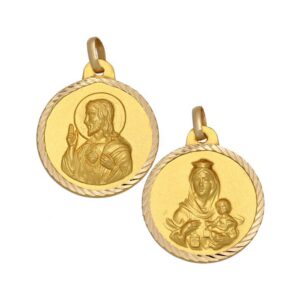 Medalla Escapulario Sagrado Corazón - Virgen del Carmen Oro 18k de 18mm de diámetro Diamantado en Hélice