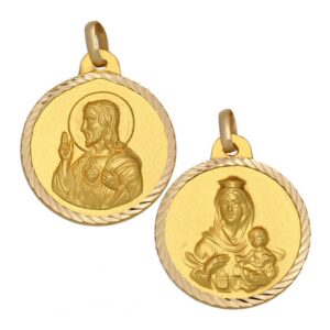 Medalla Escapulario Sagrado Corazón - Virgen del Carmen Oro 18k de 22mm de diámetro Diamantado en Hélice