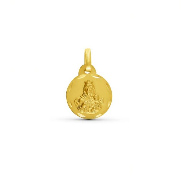 Medalla Religiosa redonda de la Virgen del Carmen de 15mm de diámetro con diamantado circular en oro de 18K