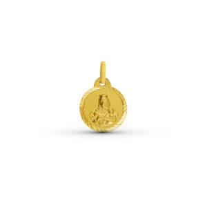 Medalla religiosa redonda de la Virgen del Carmen de 14mm de diámetro con el borde tallado en hélice en Oro de 18k