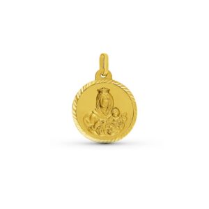 Medalla religiosa redonda de la Virgen del Carmen de 16mm de diámetro con el borde diamantado en hélice en oro de 18k