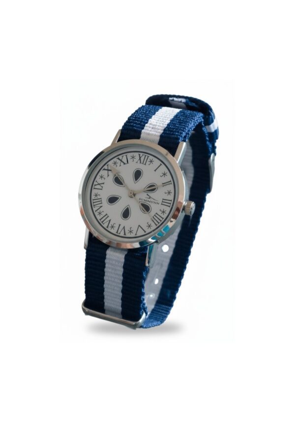 Reloj del Camino de Santiago color plata 32mm NATO nailon Azul-Blanco-Azul