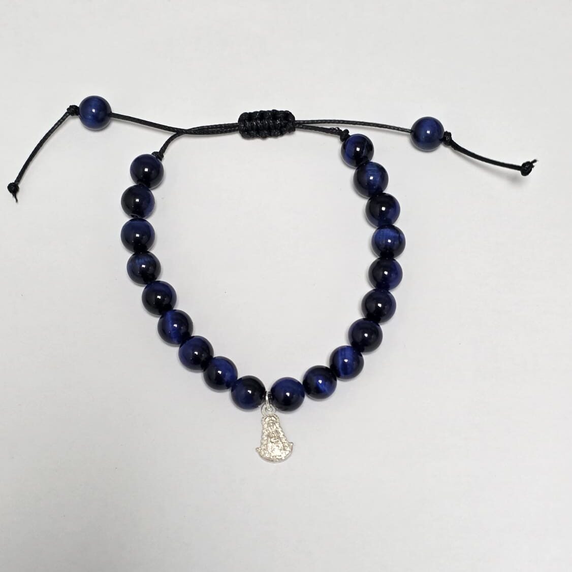 Pulsera de bolas lapislázuli con medallita de la Virgen del Rocío de Plata